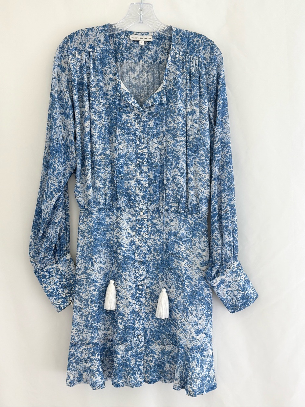 REVOLVE | Karina Grimaldi Blue Floral Long Sleeve Tassel Mini Dress Size Small